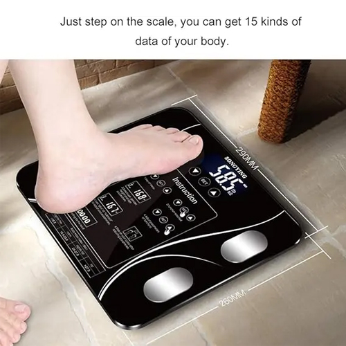 ميزان رقمي إلكتروني بتقنية البلوتوث وإضاءة LED لقياس الوزن لون (أسود) - Image 2