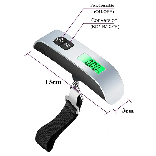 ميزان الأمتعة الإلكتروني المحمول بشاشة LCD وحزام وبطارية مضمنة باللون الاسود والفضي - Image 3