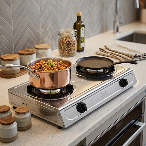 موقد غاز BOKO مزدوج الشعلة ستانلس ستيل إشعال ذاتي وتوفير للغاز - Image 2