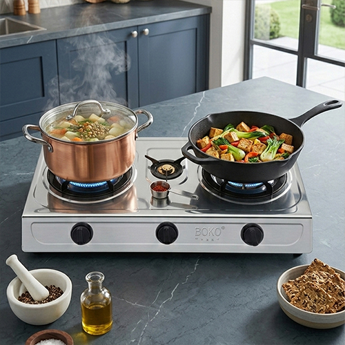 موقد غاز BOKO ثلاثي الشعلة ستانلس ستيل شعلات حديد زهر مطلية ذهب - Image 2