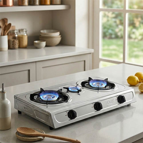 موقد غاز BOKO ثلاثي الشعلة ستانلس ستيل شعلات حديد زهر مطلية ذهب - Image 5