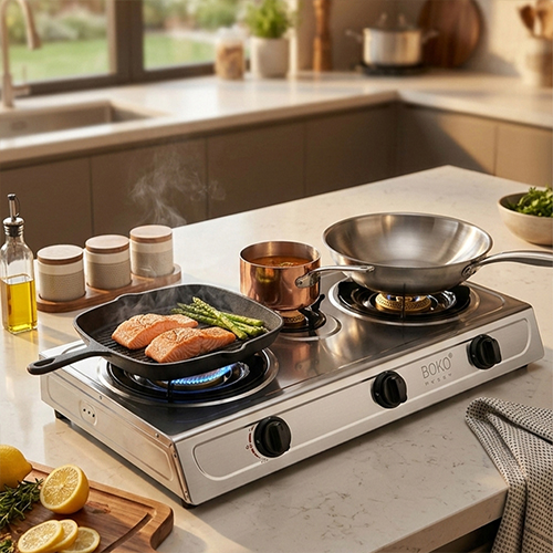 موقد غاز BOKO ثلاثي الشعلة ستانلس ستيل شعلات حديد زهر مطلية ذهب - Image 7