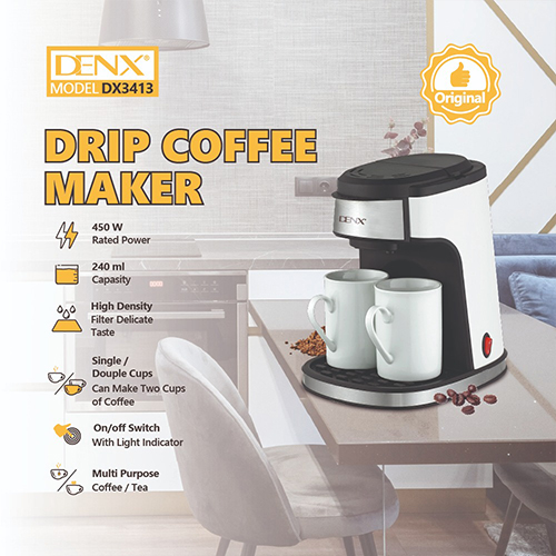 ماكينة قهوة DENX DX3413 بالتنقيط 450 واط، فلتر دائم، كوبين بورسلين - Image 8