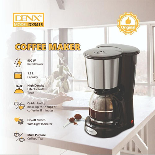 ماكينة قهوة DENX DX3415 بسعة 1.5 لتر وقوة 900 واط، تسخين سريع وفلتر - Image 7