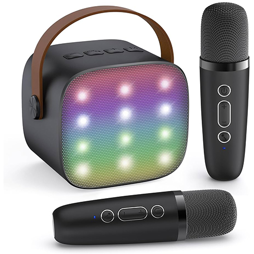جهاز كاريوكي للأطفال مع مكبر صوت بلوتوث محمول K1L مع ميكروفونين لاسلكيين لون (أسود)